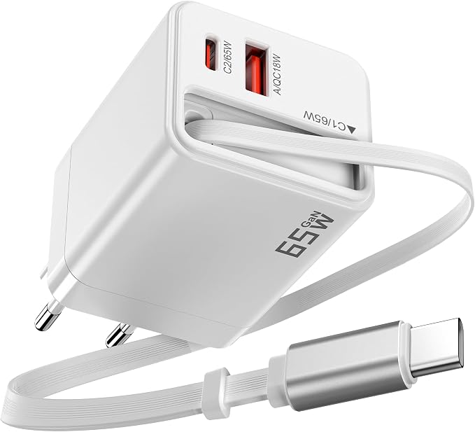 Chargeur USB-C GaN 65 W – 3 Ports avec Câble Rétractable